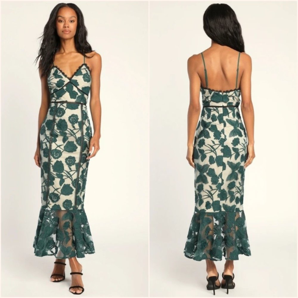 Lulu's Green Floral Lace Midi Dress